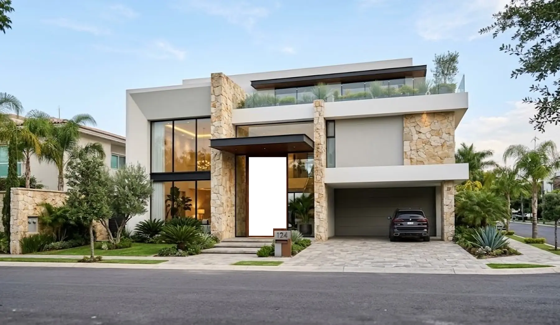Fachada moderna de piedra con puerta de madera